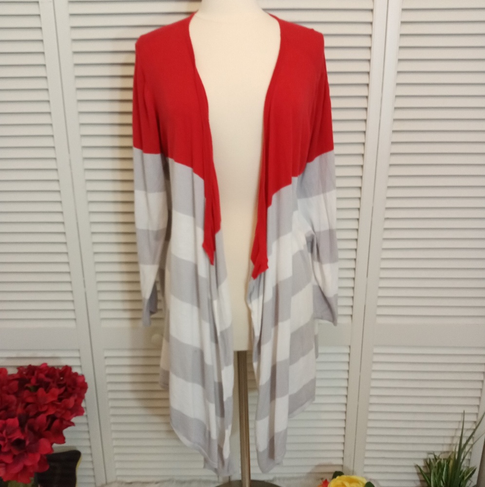 Design History red, gray and white cardigan.